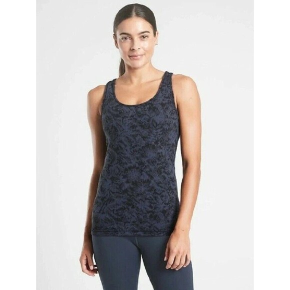 Athleta Navy Blue  Black Scoop Neck Textured Tank Top Womens Size M - Picture 1 of 10